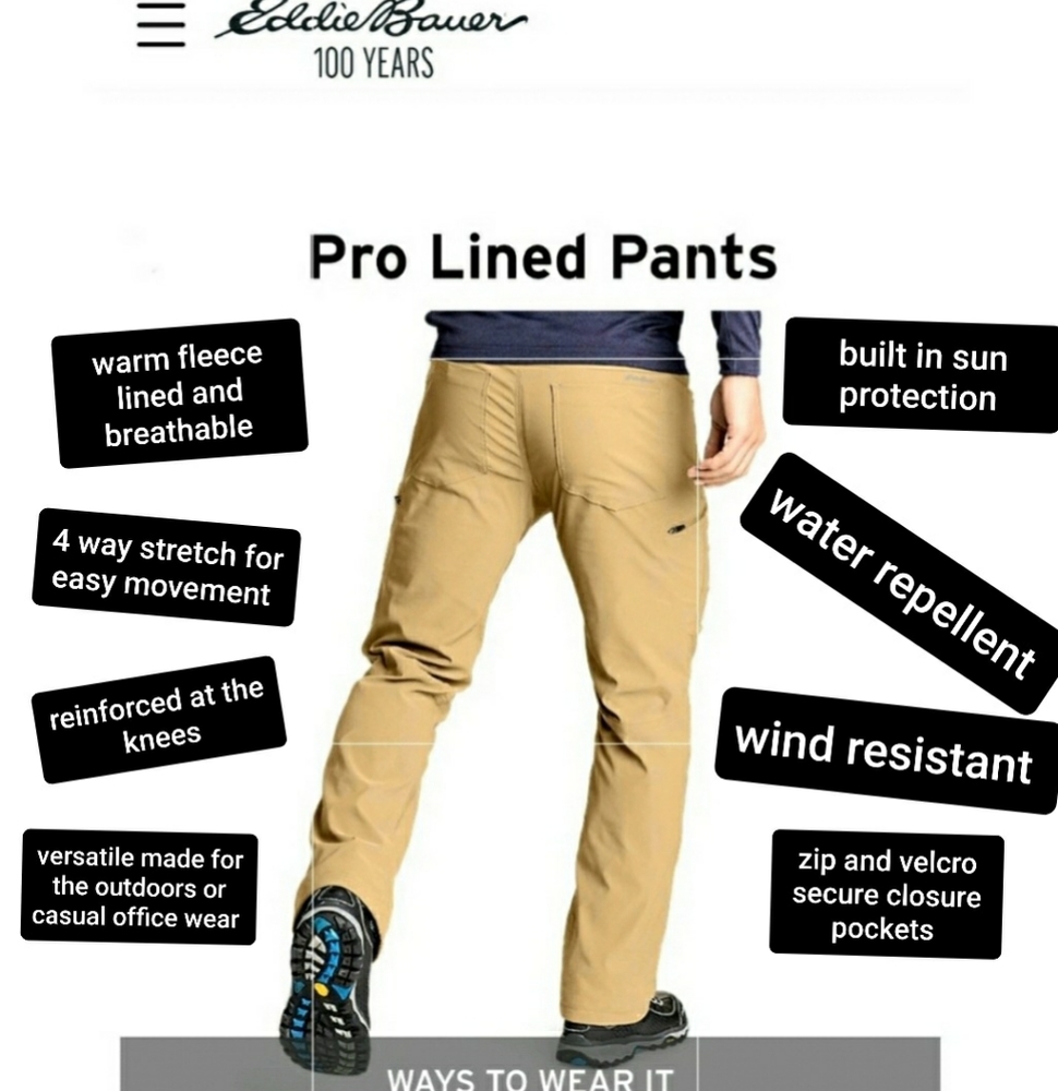 Eddie Bauer Rain Wind Resistant Sun Protection Pro Lined Pants